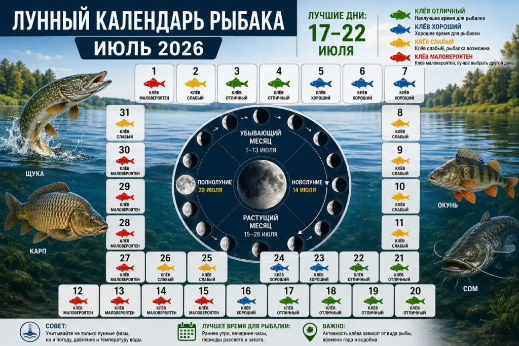 Лунный календарь рыбака на июль 2026 года
